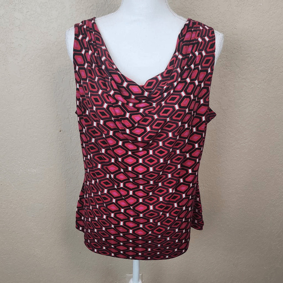 Calvin Klein Raspberry Black Sleeveless Geometric Drape Front Blouse XL (4123) - Picture 1 of 5